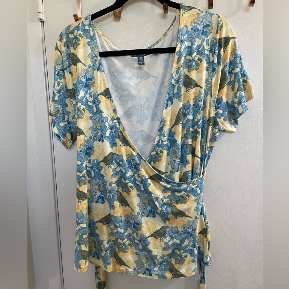 ModCloth Faux Wrap V-Neck Jersey Top in Yellow Blue Floral Birds Size XL